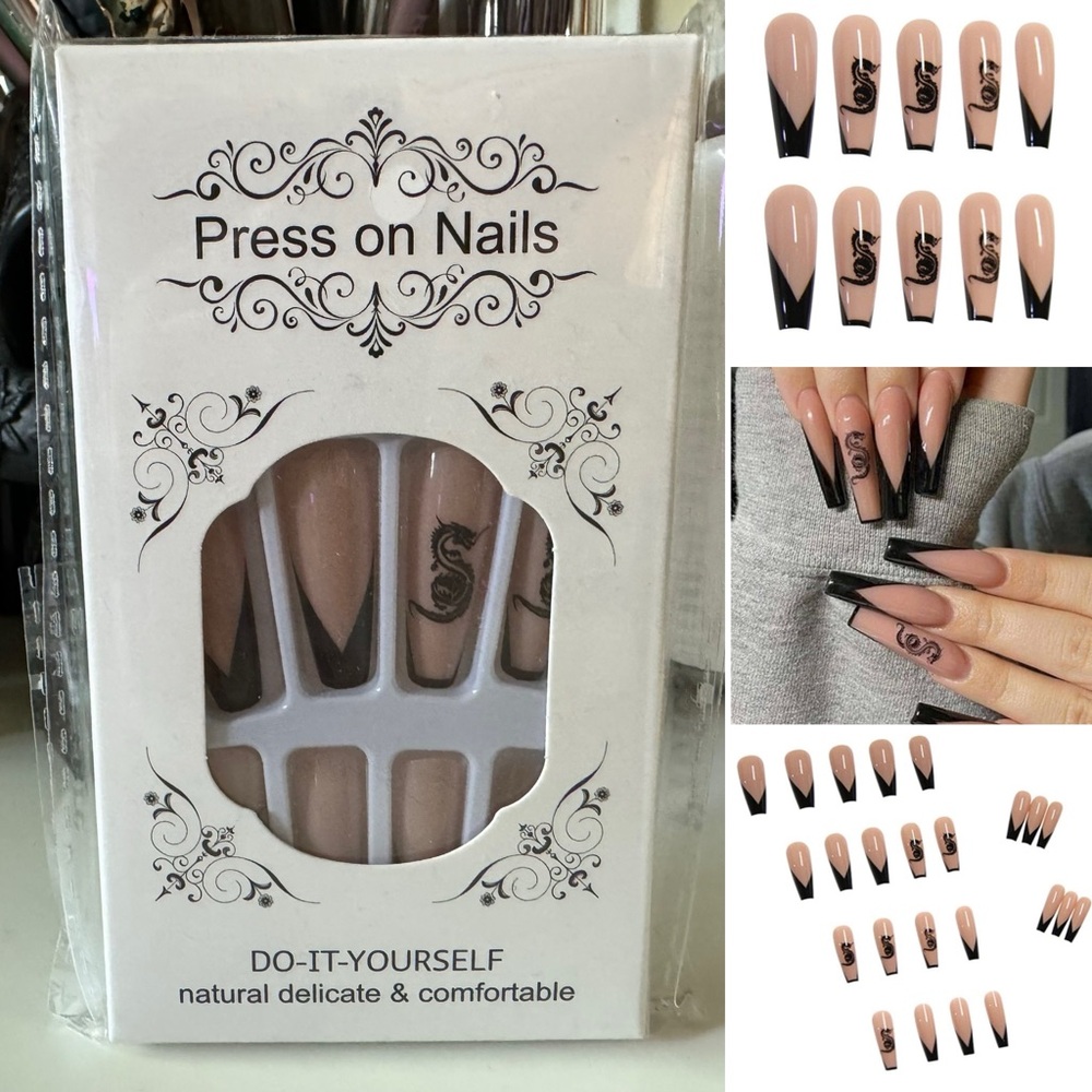 YoYoee French Press on Nails Long Nails Long Coffin Black/Nude Dragon French